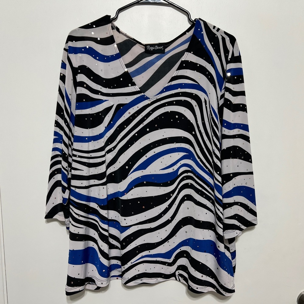 Maggie Barnes Womens 1X Zebra Print Sequin V-Neck Top Blue Black White